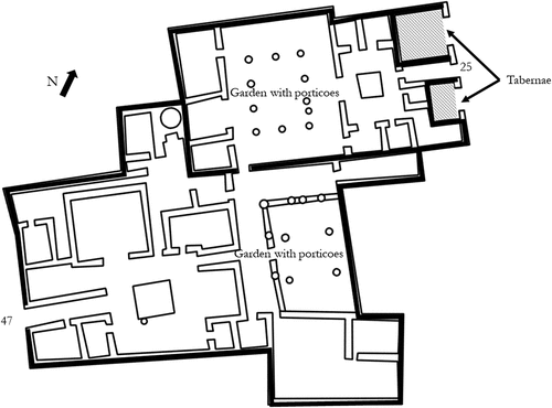 Figure 4. The Casa di Sirico (see location on Figure 1), divided into two domestic units (VII,1,25 and VII,1,47). The tabernae were often a single room with a wide opening onto the street, likely functioning as a shop (on the identification and function of tabernae see e.g. Simelius Citation2022b, 199).