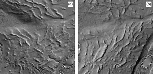 Figure 5. Extracts from hillshaded relief models showing recessional push moraines on the foreland of Skálafellsjökull. The models are derived from the UAV-captured imagery. (a) Hillshaded relief model generated using an illumination angle of 30° and an azimuth of 45°. (b) Hillshaded relief model generated using an illumination angle of 30° and an azimuth of 315°. The difference in appearance of the recessional push moraines between the two models is apparent, demonstrating the value of visualising the data with different azimuths. Water bodies are poorly resolved in the DEM model, and this is reflected in the missing data towards the bottom right of the images.