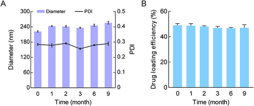 Figure 4 The average size and PDI (A) and DLE (B) of lyophilized LUT-HES NCs powder during storage.