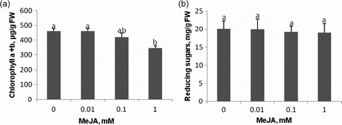 Figure 3.  Chlorophyll (a) and reducing sugars (b) contents in leaves of 15-day-old seedling raised from seeds pretreated by 60 min soaking in water (control), or MeJA solutions. Vertical bars indicate±SD. Means with common letters are not significantly different at p<0.05 according to Duncan's multiple range test.