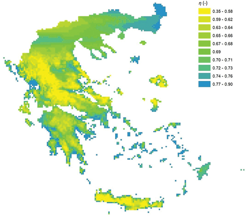 Figure 3. Regionalized η parameter resulting from the application of the BSSE model. The coordinate reference system is the GGRS87/Greek Grid (EPSG:2100).