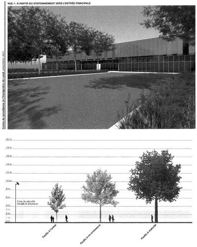 Figure 5. Vegetation strategy for the Laval IHC. A rendering and section illustrate how newly bought trees will be planted closest to the detention center and how mature trees will be preserved when farthest from the “physical and visual security zone,” which includes the outdoor detainee areas. While vegetation works to mask the facility from the public, vegetation is not to be enjoyed by detainees. (Drawing and rendering from CBSA, Access to Information Request A-2019-00781.)