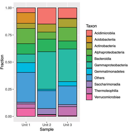 Figure 6. Taxonomic assignment of relative abundance of bacterial 16S rRNA gene sequences at the class level of the three units (1 = diamicton, 2 = beach, or 3 = delta). “Others” combines minor classes never exceeding 5 percent of any sample.