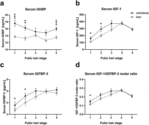 Figure 1. Growth-related serum parameters in lean children and children with overweight/obesity stratified for pubertal stage. Serum levels of (a) growth hormone binding protein (GHBP), (b) insulin-like growth factor-1 (IGF-1), (c) IGF-1 binding protein-3 (IGFBP-3) and (d) the molar ratio of IGF-1 and IGFBP-3 (IGF-1/IGFBP-3) are shown for each pubic hair stage comparing lean children and children with overweight or obesity (owt/obese). Asterisks mark significant differences between the lean and owt/obese group assessed by student’s t-tests (*, p < 0.05; **, p < 0.01; ***, p < 0.001) .