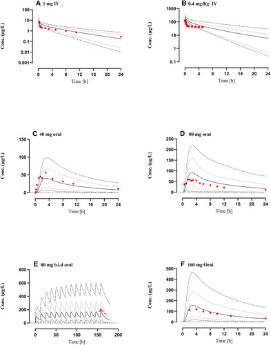 Figure 4 Comparison of observed and predicted systemic propranolol plasma concentration versus time profile in Cirrhosis population (CP-A–C) subjects after IV dose of (A) 1 mgCitation46 (B) 0.4 mg/kg,Citation35 an oral dose of (C) 40 mg,Citation46 (D) 80 mg,Citation69 (E) 80 mg twice daily (b.i.d)Citation63 and (F) 160 mgCitation62 respectively. Solid line (―) indicating Arithmetic mean, dash line (---------) minimum and maximum concentrations, dotted line (................) 10th and 90th percentile.