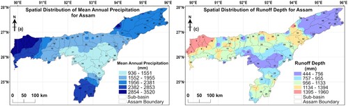 Figure 5. (a) Mean annual precipitation and (b) Surface runoff depth.