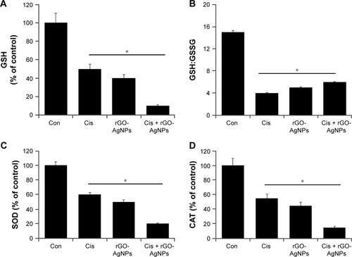 Figure 10 Effect of Cis or rGO-AgNPs alone or the combinatorial effect of Cis plus rGO-AgNPs on antioxidant markers in HeLa cells.Notes: Cells were treated with Cis (5 μM), rGO-AgNPs (1 μg/mL), or both Cis (5 μM) and rGO-AgNPs (1 μg/mL) for 24 hours. After incubation, the cells were harvested and washed twice with an ice-cold phosphate-buffered saline solution. The cells were collected and disrupted by ultrasonication for 5 minutes on ice. (A) GSH concentration is expressed as mg/g of protein. (B) Ratio of GSH:GSSG. (C) Specific activity of SOD is expressed as units per milligram of protein. (D) Specific activity of CAT is expressed as units per milligram of protein. Results are expressed as mean ± standard deviation of three independent experiments. There was a significant difference in treated cells compared to untreated cells with Student’s t-test (*P<0.05).Abbreviations: Cis, cisplatin; rGO, reduced graphene oxide; NPs, nanoparticles; GSH, glutathione; GSSG, glutathione disulfide; Con, control.