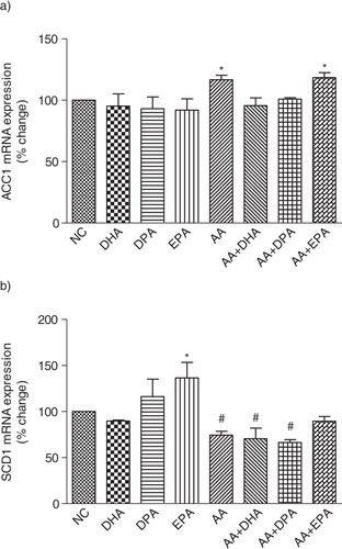 Fig. 2 Effects of long-chain n-3 polyunsaturated fatty acids and AA on the mRNA expression of acetyl-CoA carboxylase 1 (ACC1) (a) and stearoyl-CoA desaturase 1 (SCD1) (b) in fully differentiated 3T3-L1 adipocytes. Fully differentiated adipocytes were treated with either individual long-chain polyunsaturated fatty acids (LC-PUFA) or an equal combination of AA+ LC n-3 PUFA as explained in the methods section. The mRNA expression was normalized to β-actin. Each bar is represented as mean±SD. Results were analyzed using one-way analysis of variance (ANOVA) and Dunnett's multiple tests was performed to check statistically significant effects. Asterisk (*) and the number (#) symbol indicates significantly different (P<0.05) compared to control cells. NC=normal control, DHA=docosahexaenoic acid, EPA=eicosapentaenoic acid, DPA=docosapentaenoic acid and AA=arachidonic acid, SD=standard deviation.