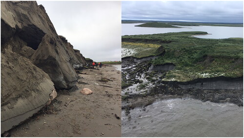 Figure 11. Shore level images of Tuktoyaktuk Island (left) and Peninsula Point (right). Note the steep slope of the Tuktoyaktuk Island coastal site, which shows undercutting caused by a storm surge leading to block failure. The cliff face has a sandy texture with areas of massive ice. By contrast, the Peninsula Point image shows the character of massive ice found in the headwall leading to retrogressive thaw flows, which are removed from the beach face through wave action. Also visible are the remnants (headwalls) of previously active retrogressive thaw slumps which have stabilized with the development of vegetation.