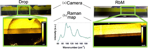 Figure 4. Comparison of 10 cm samples prepared by drop and RbM deposition prior to conversion into MAPI. (a) Visual appearance of samples obtained using a camera. (b) Raman map obtained at around 96 cm-1. A measured PbI2 Raman signal is also shown. The peaks at 73, 96, and 110 cm-1 belong to PbI2, the peak at 144 cm-1 to TiO2. The colour scale is shown for the two maps.