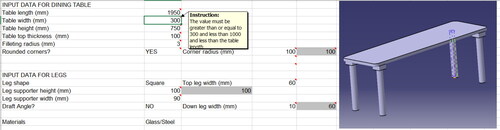 Figure 6. Input data sheet for design tool of a dining table.Source: The Author’s.
