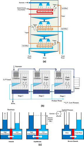 Fig. 1. Three seawater desalination methods (a) MED; (b) MSFD; and (c) RO.