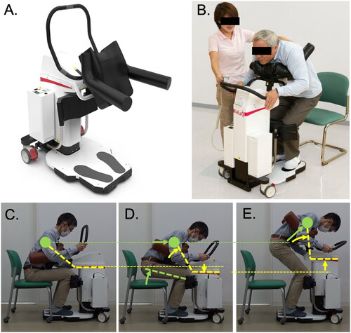 Figure 1. Photographs of the transfer support device “Hug” and its mechanism of action. Photographs of Hug (A) and an example of the use of Hug (B). After placing the care recipient in the correct position (C), pressing the “Stand up” button moves the centre of gravity of the care recipient’s chest (closed green circles) horizontally and also raises their buttocks (D). Next, the robotic arms rotate and the shaft rises further, causing the care recipient to stand up (E). The angle of the robotic arms is shown by yellow lines, the green lines show the movement of the care recipient, and the thin broken lines show the horizontal level. The images in A and B were kindly provided by Fuji Corporation with permission for use in publications.