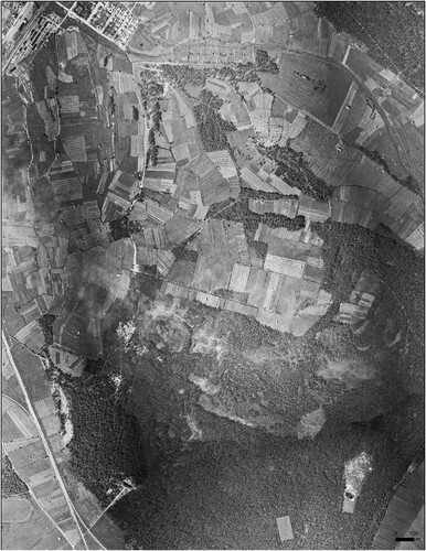 Figure 4. An aerial photograph taken in 1939, with the future location of the Hiironen pet cemetery. Map source: City of Oulu. License: CC BY 4.0.