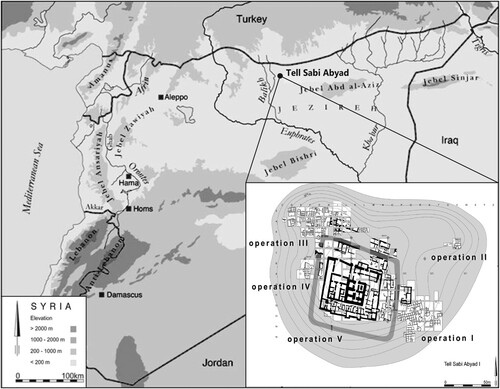 Figure 1 Site location, with detail of the operations in mound Tell Sabi Abyad I (adapted from Nieuwenhuyse et al. Citation2015: 55, 57).