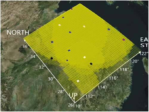 Figure 3. Yangtze river delta airspace constructed using the GeoSOT-3D method. The blue grid points represent the preselected locations of the airport, and the black grid points refer to the disaster area locations. The yellow grid represents the coverage level of the grid by the airport; the darker the color is, the higher the level.