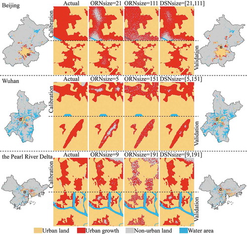 Figure 9. The simulation results for Beijing, Wuhan, and the Pearl River Delta obtained using the ORN-CA and DSN-CA models