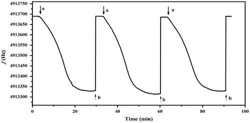 Figure 6. Reproducibility and reversibility of QCM electrode coated with Cs film when exposed to 2.47 mg L−1 methylamine: (a) methylamine injection and (b) methylamine desorption.