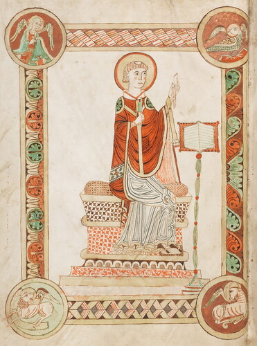 Fig 4 The Venerable Bede in an illustrated manuscript, depicted writing his Ecclesiastical History of the English People. Photograph by Engelberg, Stiftsbibliothek, © CC-PD-Mark (E-codices <http://www.e-codices.unifr.ch/de/bke/0047/1v>).