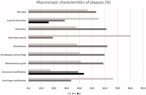 Figure 4. The proportion of macroscopic characteristics in carotid plaques. All characteristics were divided into two categories: 0 = not present or 1 = present, except intramural calcification and luminal thrombus, that had three different categories: 0 = not present, 1 = moderately present, 2 = abundantly present.