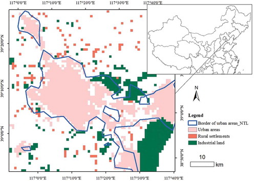 Figure 7. Urban areas modeled by this study and urban areas from the land-use map in Tianjin in 2010. Source: the land-use map is from the Resources and Environment Data Center of the Chinese Academy of Sciences.