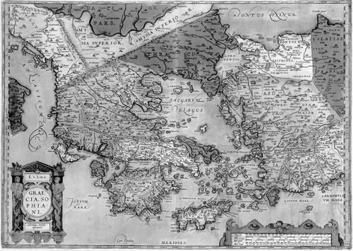 Figure 12 Abraham Ortelius,Ελλάς, Graecia, Sophiani (Parergon, Antwerp, 1579). Copperplate, 35×50 cm. Ortelius paid Sophianos the unique compliment of including his name as the originator of the map in the title. (Reproduced with permission from the Margarita Samourka Collection, Athens.)