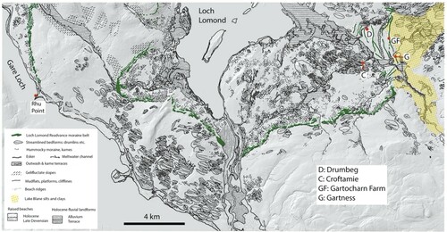 Figure 13. Landforms of the Loch Lomond piedmont lobe and the eastern terminal zone of the Gare Loch glacier, from mapping by Rose (Citation1981).