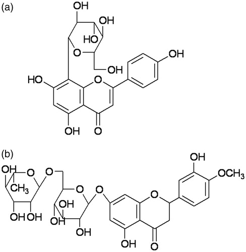 Figure 1. Chemical structures of vitexin (a) and hesperidin (b).