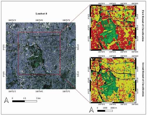 Figure 11. Comparison between the roads detected in the first and second round of classification (roads are mapped as black lines). Roads in the first round of classification are not continuous and represent some noise. Unlike the first-round results, street lines in the second round are mainly unbroken and demonstrate a high level of precision that is represented in Table 3