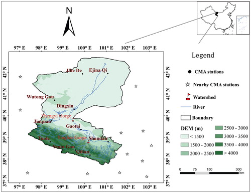 FIGURE 1. Geographic location of the Heihe River Basin in western China. CMA stations represent meteorological stations within the Heihe River Basin, while the nearby CMA stations are meteorological stations outside the Heihe River Basin.