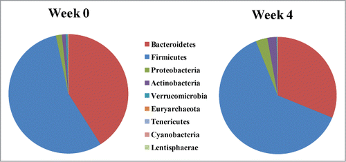 Figure 5. Fecal abundance of bacterial populations (phylum-level) in otherwise healthy hypercholesterolemic subjects consuming L. reuteri NCIMB 30242 in delayed release capsules at baseline (Week 0) and after the 4-week dose escalation period (Week 4).