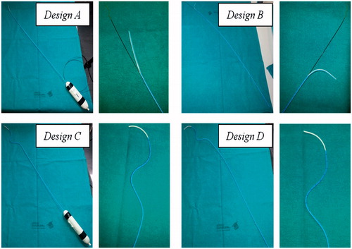 Figure 6. Preliminary prototypes of the four design solutions to test the stabilization and bending systems. Two pictures are reported for each prototype: a global view of the catheter on the left and a zoom detail of the catheter distal part on the right. The two steerable catheters (Designs A and C) have a handle to actively control bending of the tip.