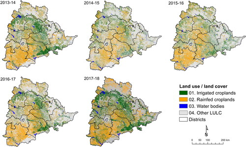Figure 3. Spatial and temporal distribution of land use/land cover classes in Telangana.