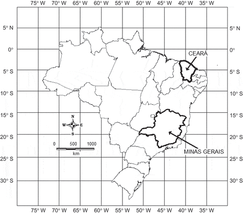 Fig. 1 The Brazilian states, Minas Gerais and Ceará, in which the basins employed in the study are located.