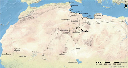 Figure 1. Map of the Libyan Sahara showing the position of Zuwīla in relation to Jarma and the main Saharan routes.