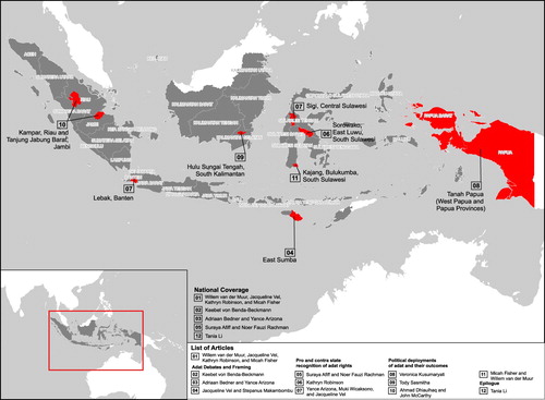 Figure 1 Map showing the respective research sites for articles in the special issue ‘Changing Indigeneity Politics in Indonesia’. Map produced by Urban El-fatih Bani Adam © 2019.
