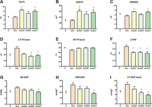 Figure 3 Heart rate and blood pressure variability data. (A) Total power of pulse interval (PI) standard deviation (SD): SD-PI; (B) Total power of pulse interval (PI) variability (VAR): VAR-PI; (C) The arithmetic mean of standard deviations between cardiac intervals: RMSSD; (D) Low-frequency (LF) band of (PI): LF-PI band; (E) High-frequency (HF) band of (PI): HF-PI band; (F) Sympatho-vagal balance: LF/HF; (G) Total power of systolic arterial pressure (SAP) standard deviation (SD): SD-SAP; (H) Total power of systolic arterial pressure (SAP) variability (VAR): VAR-SAP; (I) Low frequency (LF) band of (SAP): LF-SAP band in studied groups (n=8 each group). *p<0.05 versus Ovx group.