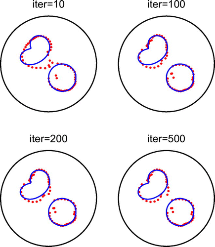 Fig. 19 Example 6: Results for noise p=5%, no regularization and various numbers of iterations.