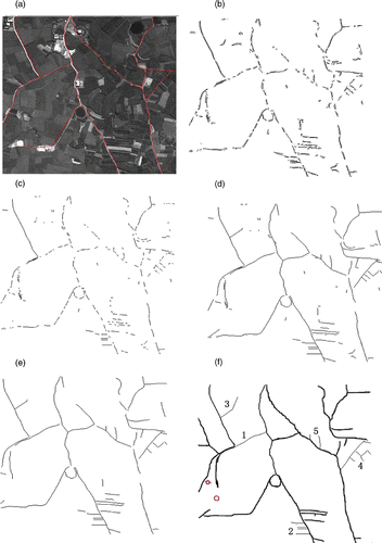 Figure 1. Automatic change detection and extraction results for a rural road network in low resolution images. The red lines in the original image are the vector lines of an old DLG. The red circles mark obvious errors or omissions. Main lines are unchanged roads, and other small lines are new roads. (a) Original image, (b) candidate road segments, (c) central lines, (d) central lines after feature grouping, (e) road after recognition and (f) detection and extraction results.