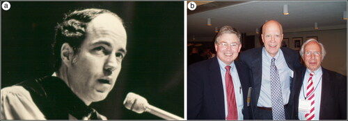 Figure 10. Activities with the American College of Cardiology. (a) Accepting the Gifted Teacher Award from the college in 1978. (b) At the annual meeting of the Connecticut chapter, where he gave the keynote address on April 25, 2007. Dr. Bernie Clark (past president of CCACC) is on the left, and Dr. Lawrence Cohen is on the right.