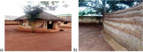 Figure 2. a) living mud hut with thatch roof and (b) a fence made with thatch to protect the compound.