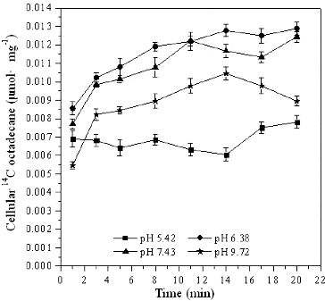 Figure 4. Cellular [14C]n-octadecane in Pseudomonas sp. DG17 at different pH. The initial cell density was 18 μg mL−1. Standard deviations were less than 0.00081 μmol mg−1.