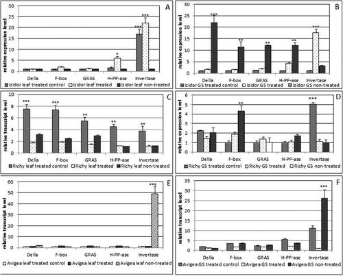 Figure 3. Relative transcript level of the first set of sleeted genes /Della, GRAS, F-box, H-PP-ase, Invertase/ in leaves and green seeds (GS) of plants grown from ‘treated’, ‘treated control’ and ‘non-treated’ seeds of the three investigated cultivars in 2019. A, B – transcript level in leaves and GS of cv. Izidor; C, D – transcript level in leaves and GS of cv. Richy; E, F – transcript level in leaves and GS of cv. Avigea. Data represent the mean ± SE. The one-way ANOVA (Holm–Sidak) statistical test was applied to assess the difference between all the variants. Asterisks denote statistically significant differences *p < .05; **p < .01; ***p < .001.