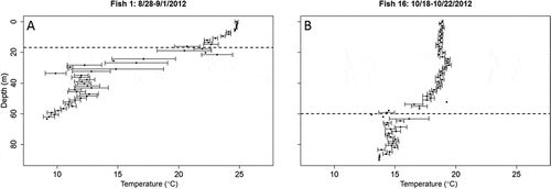 Figure 3. Vertical profiles of the water column occupied by juvenile Atlantic Bluefin Tuna (with pop-up satellite archival tags) from August to October 2012 offshore of Massachusetts. Examples of depth–temperature profiles for two individuals at different times during the tag deployment are shown: (A) fish 1 during late August and (B) fish 16 during mid-October. The thermocline (horizontal dotted line) was established at 15 m in August (A) and increased to 60 m in mid-October (B). The mean temperature estimate for each depth is presented with ±SE.