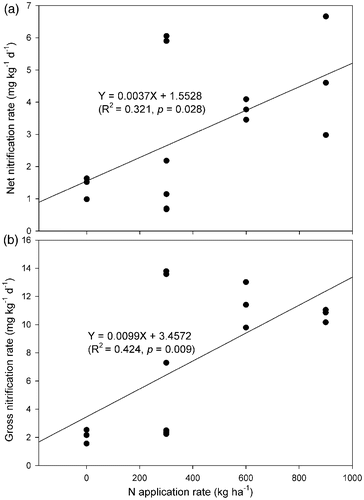 Figure 4. Relationships between nitrogen (N) application rate and net (a) and gross (b) nitrification rates.