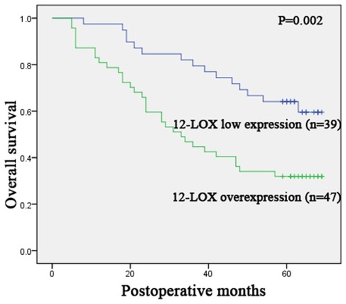 Figure 7 Kaplan-Meier analysis and log-rank test of the expression of 12-LOX for OS. Overexpression of 12-LOX significantly predicted decreased OS, while 12-LOX low-expression mostly indicated a better OS (P=0.002).
