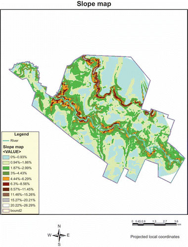 Figure 8. Slope map derived from the DEM map for topographical analysis.