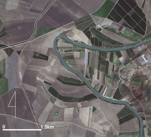 Figure 5. Evident progressive lateral meander migration near Esenler village (© 2016 DigitalGlobe, © 2016 GeoEye).