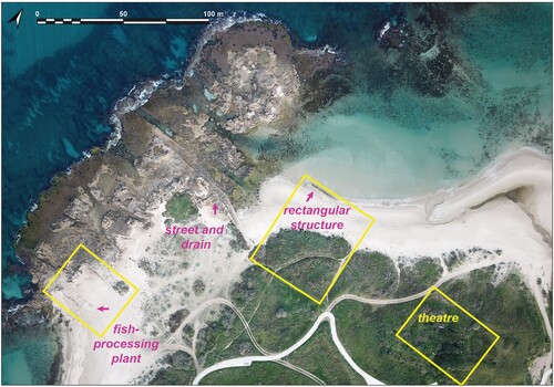 Figure 14. Roman structures in the southern part of North Bay (aerial photograph by A. Ben Zaken; data by A. Yasur-Landau).