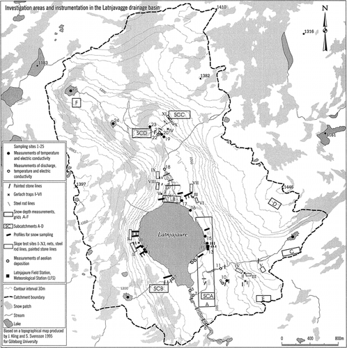 FIGURE 2. Investigation areas and instrumentation in the Latnjavagge drainage basin